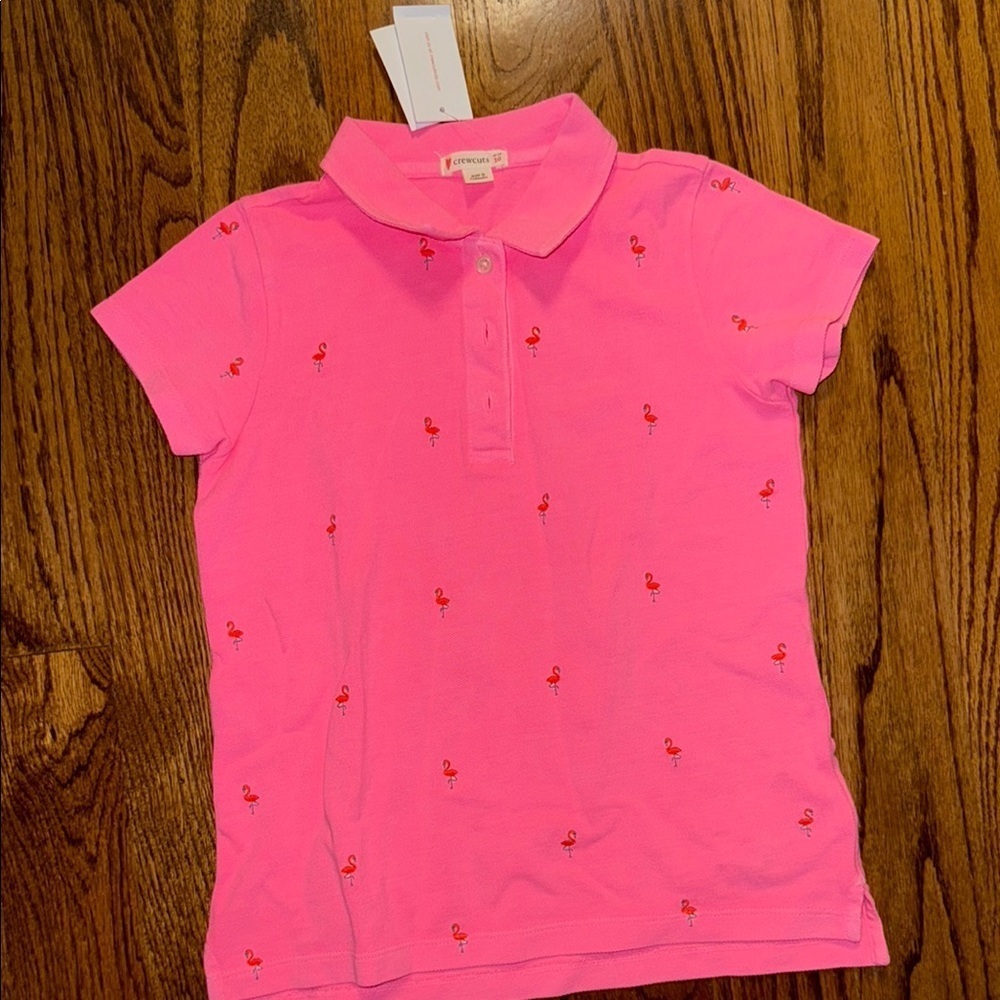 Crewcuts girls fluorescent pink polo shirt with embroidered pink flamingos 10